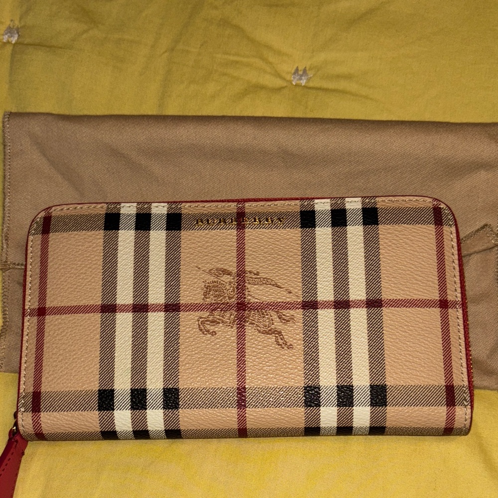 Burberry Tan and Red Checkered Zip Around wallet